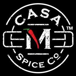 Logo of Casa M Spice Co with a red chili pepper forming the letter M, on a black background.
