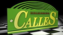 Letrero verde con la palabra "CALLES" en amarillo sobre fondo de ajedrez en blanco y negro.