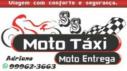 Cartaz de Moto Táxi e Entrega com ilustração de moto e bandeira quadriculada. Contato via WhatsApp.