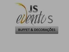 Logo da JS Eventos sobre fundo cinza com o texto "Buffet & Decorações".