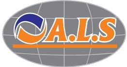 Ovales Logo mit grauem Hintergrund, orangenen Buchstaben "ALS" und blauer, oranger Grafik darüber.
