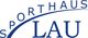 Blaues Logo mit dem Schriftzug "Sporthaus Lau", die Buchstaben formen einen Bogen.