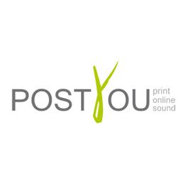 Logo mit Text: "POSTYOU", Buchstabe "Y" in Grün; daneben "print online sound" in Grau.