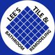 Logo with a blue diamond grid and text: "Lee's Tile & Bathroom Remodeling" on a white circle.