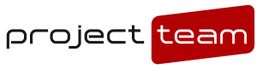 Textlogo "project team" in schwarzer und roter Schrift.