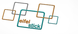 Logo mit bunten Quadraten und dem Text "eifel stick".
