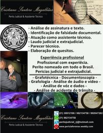Cartaz publicitário de serviços periciais e técnicos, com contatos e descrições de especialidades.