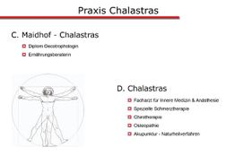 Textgrafik zu Praxis Chalastris, mit Leistungen in Ernährung, Chirotherapie, Osteopathie und mehr.