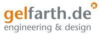 Logo mit der Aufschrift "gelfarth.de" und "engineering & design" in Grau und Orange.