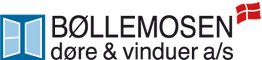 Logo med tekst: "Bøllemosen døre & vinduer a/s" og et dansk flag.