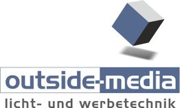 Würfelförmiges Logo mit den Worten "outside-media licht- und werbetechnik".