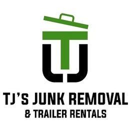 Logo for TJ's Junk Removal & Trailer Rentals with stylized green and black initials "TJ".