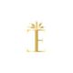 Golden letter "E" with decorative leaves at the top on a white background.