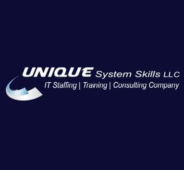 Logo of Unique System Skills LLC; IT staffing, training, consulting services on a dark background.