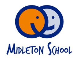 Logotipo de Midleton School con dos caras sonrientes en naranja y gris, contorno azul.