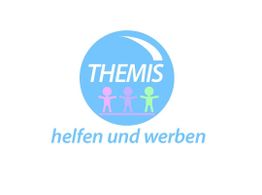 Blaues Logo mit "THEMIS", drei Figuren und Text "helfen und werben" darunter.