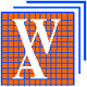 Blaues Raster-Design mit blauen Linien und weißen Buchstaben "XV" auf orangefarbenem Hintergrund.