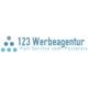 Logo der "123 Werbeagentur" mit dem Slogan "Full-Service zum Festpreis", links Kreise im Dreieck.