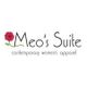 Logo of Meo's Suite with a red flower; text reads "contemporary women's apparel".
