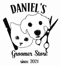 Logo: Katzen- und Hundeillustration mit Schere und Kamm, Text "Daniel's Groomer Store since 2021".