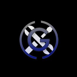Ein blaues G-Logo auf schwarzem Hintergrund, umkreist von einem Zahnrad und Schraubenschlüssel.
