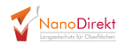Logo von NanoDirekt, Slogan: Langzeitschutz für Oberflächen, mit stilisiertem Häkchen.