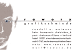 Grafisches Design mit Text: "raworx grafikschmiede" und Kontaktdetails auf weißem Hintergrund.