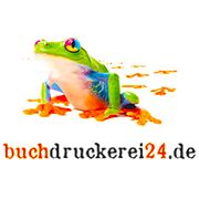 Bunte Zeichnung eines Frosches mit bunten Augen neben dem Text "buchdruckerei24.de".