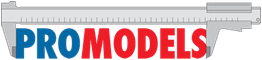 Texte "PROMODELS" avec un pied à coulisse gris en arrière-plan.