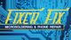 Fixer Fix logo with "Microsoldering & Phone Repair" over a blue circuit board background.