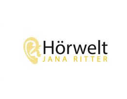 Logo mit stilisiertem Ohr und Text: "Hörwelt Jana Ritter" in Schwarz und Gelb.