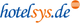 Logo von hotelsys.de in blauer und orangefarbener Schrift mit einem orangefarbenen Kreis rechts.