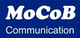 Logo mit weißem Text "MoCoB Communication" auf blauem Hintergrund.