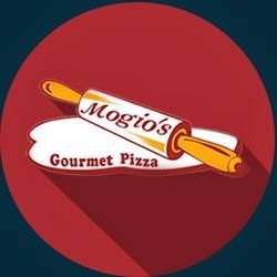 Logo of Mogio’s Gourmet Pizza with a rolling pin on a red and blue background.