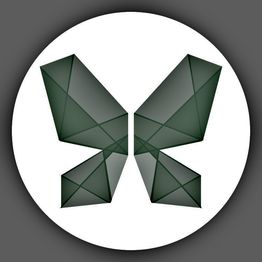 Logo geométrico verde oscuro en forma de mariposa sobre fondo blanco.