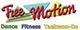 Logo mit Text: "Free Motion" und den Worten "Dance", "Fitness", "Taekwondo" in verschiedenen Farben.