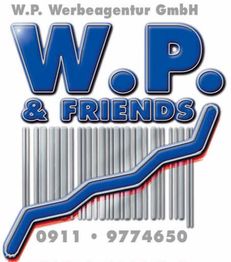 Text "W.P. & FRIENDS" in Blau, mit Strichcode und Telefonnummer darunter.