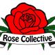 A vibrant red rose with green leaves and a banner reading "Rose Collective."