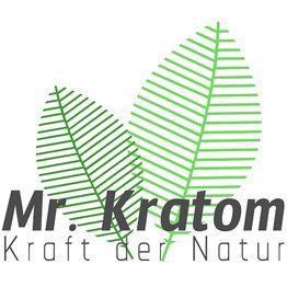 Zwei grüne Blätter über dem Text "Mr. Kratom - Kraft der Natur".