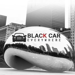 Cloud Gate sculpture with "Black Car Everywhere" logo overlay, city buildings in the background.