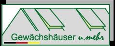 Logo mit grünen Gewächshauslinien, Text "Gewächshäuser u. mehr" und Deutschlandflagge.