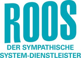 ROOS-Logo mit dem Slogan "Der sympathische System-Dienstleister" in blauer Schrift.