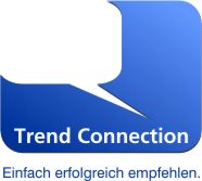 Blaues Logo mit Sprechblase und Text: "Trend Connection. Einfach erfolgreich empfehlen."