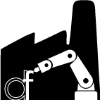 Brazo robótico ajustando una pieza circular con precisión. Icono en blanco y negro sobre fondo negro.