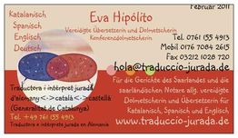 ``` 
Visitenkarte von Eva Hipólito, vereidigte Übersetzerin für mehrere Sprachen, mit Kontaktdaten.
```
