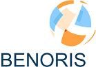 Abstraktes Logo mit blauen und orangefarbenen Formen, darunter der Schriftzug "BENORIS".