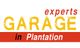 "Text: 'experts GARAGE in Plantation' in stylized fonts on a red and white background."