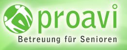 Logo von proavi, Betreuung für Senioren, in grüner Schrift auf grünem Hintergrund.