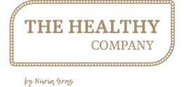 Logo de "The Healthy Company" en letras marrones con borde punteado.