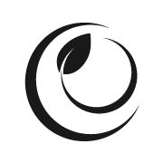 Símbolo preto de uma espiral com uma folha no centro, sobre um fundo branco.